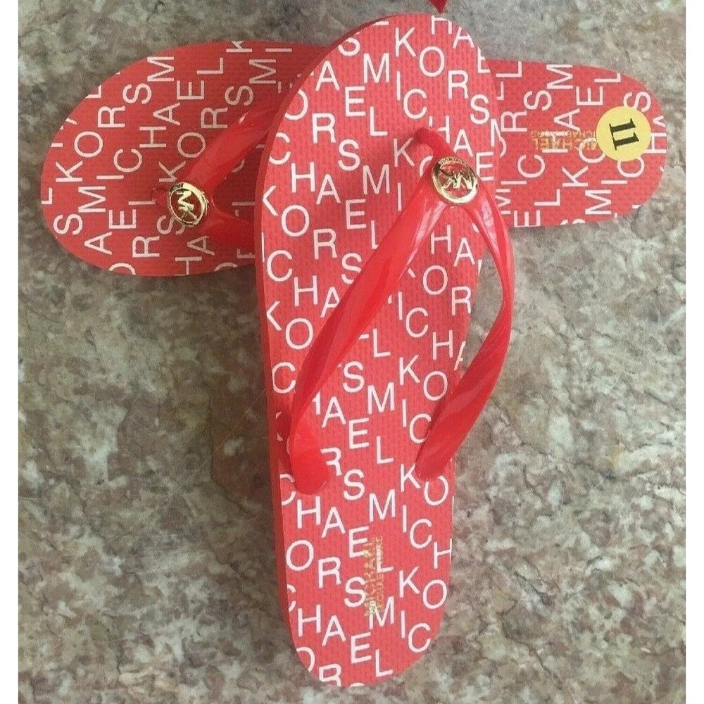 NEW MICHAEL KORS FLIP FLOP MANDARIN LOGO PRINT GOLD MK LOGO SIZE 11, $69.99